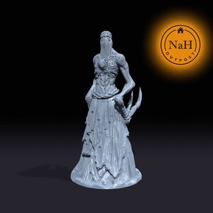 May include: A grey, detailed miniature figurine of a humanoid figure with a long, flowing robe and sharp claws. The figure has a skeletal appearance and a hood covering its head.