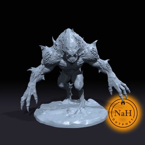 May include: A gray, detailed, 3D printed miniature of a monstrous creature with sharp claws and teeth. The creature is standing on a round base. The miniature is labeled "NaH Outpost".