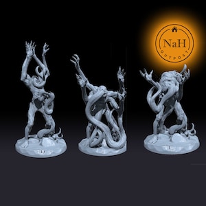 May include: A 3D printed miniature of a gray, multi-limbed creature with tentacles. The creature is posed in three different positions, each with its arms raised in a menacing gesture. The miniature is printed on a circular base.