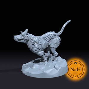 May include: A gray, detailed, 3D printed model of a robotic dog running on a rocky base. The dog has a mechanical design with gears and intricate details. The model is printed in a light gray color.