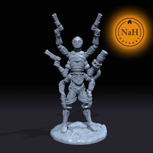 May include: A gray, detailed, 3D printed miniature of a humanoid figure with four arms and four guns. The figure is wearing a detailed, ornate costume and is standing on a round base.