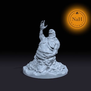 May include: A gray, 3D printed miniature of a blob monster with a raised arm and a textured, fleshy body. The miniature is standing on a round base.