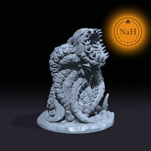 May include: Gray 3D printed miniature of a tentacled monster with a gaping maw, posed on a circular base.