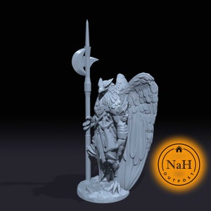 May include: Gray 3D printed miniature of a humanoid creature with a bird head and wings, holding a spear with a crescent moon-shaped blade. The miniature is standing on a circular base.