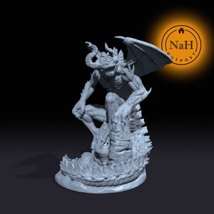 May include: A gray 3D printed miniature of a demon with wings, sitting on a dragon's head. The demon has horns, claws, and a menacing expression.