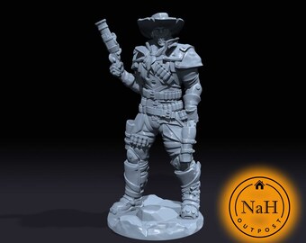 May include: A gray 3D printed miniature of a skeletal cowboy wearing a hat and holding a pistol. The miniature is standing on a rocky base. The background is black.