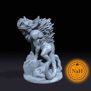 May include: A gray 3D printed miniature of a creature with a spiky back, sharp teeth, and a long tail. The creature is standing on a rocky base.