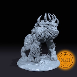 May include: A gray, detailed miniature of a monstrous creature with horns and sharp teeth. The creature is standing on a round base with a textured surface. The base has a logo with the text "NaH OUTPOST".