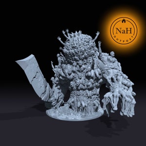 May include: A gray 3D printed miniature of a monstrous creature made of many faces and limbs. The creature is holding a large, jagged blade in its left hand.
