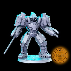 May include: A gray, detailed, articulated robot miniature with a large gun and a long, thin weapon. The robot is standing on a circular base with a cracked surface.