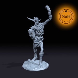 May include: A gray 3D printed miniature of a skeletal creature with pointed ears, a skeletal face, and a skeletal body. The creature is standing on a round base with a textured surface.