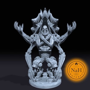 May include: Grey 3D printed miniature of a skeletal creature with multiple arms and legs, standing on a circular base. The creature has a skull-like head with a mask-like face and is posed with its arms crossed in front of its chest.