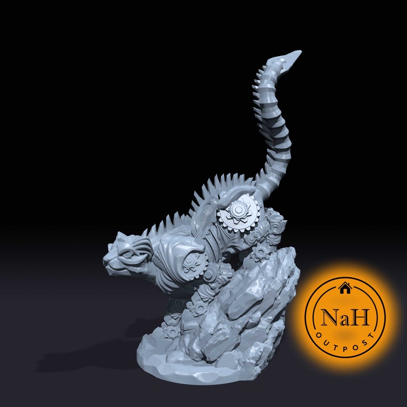May include: A gray, detailed, 3D printed miniature of a mechanical cat with a long, segmented tail. The cat is standing on a rocky base and has gears and other mechanical details throughout its body. The miniature is printed in a light gray color and has a smooth finish.