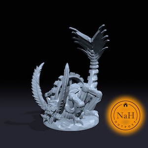 May include: A grey 3D printed miniature of a mechanical creature with a long, segmented tail and a large, gear-like head. The creature is posed in a crouched position, with its tail raised high in the air. The miniature is set on a circular base.