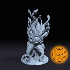May include: A gray 3D printed miniature of a tentacled creature with a large eye in the center. The creature has multiple tentacles with eyes on the ends. The miniature is on a round base.