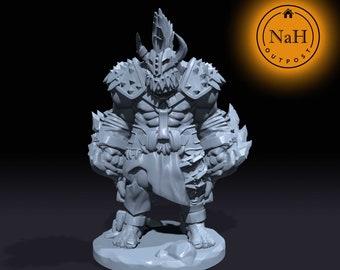 May include: A gray 3D printed miniature of a fantasy creature, a large, muscular, humanoid with a horned helmet, spiky armor, and a loincloth. The figure is posed in a defensive stance, with its arms raised and its fists clenched.