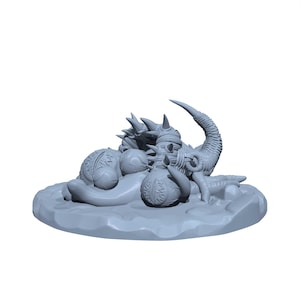 May include: A light gray, 3D-printed miniature of a fantasy creature. The creature has a segmented body, multiple bulbous forms, and a curved horn. It rests on a textured, circular base, with a detailed, otherworldly design.