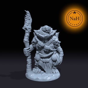 May include: A gray, detailed miniature figurine of a turtle-like creature wearing a cloak and holding a spear. The figurine is standing on a round base.