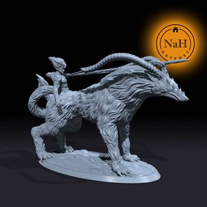 May include: A grey 3D printed miniature of a female figure riding a wolf-like creature with horns. The figure is holding a spear in her right hand. The miniature is set on a circular base.