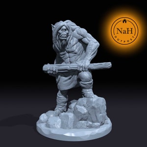 May include: A gray 3D printed miniature of a humanoid creature with a club. The creature has a scaly body, long hair, and a fierce expression. The miniature is standing on a rocky base.
