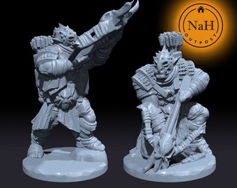 May include: Two gray 3D printed miniatures of fantasy creatures holding weapons. The figures are posed in a dynamic action stance. The miniatures are designed for tabletop role-playing games.