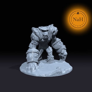 May include: Gray 3D printed miniature of a stone golem with a detailed design. The golem has a large, round head with a flat face and a small mouth. The golem's arms are long and muscular, and its hands are clenched into fists. The golem is standing on a rocky base.