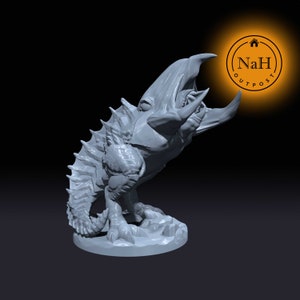May include: A gray 3D printed miniature of a creature with a spiky back, large claws, and a wide open mouth. The creature is standing on a round base.