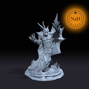 May include: A gray 3D printed miniature of a monstrous creature with a serpentine lower body, clawed hands, and a horned head. The creature is posed in a defensive stance with its wings spread out.