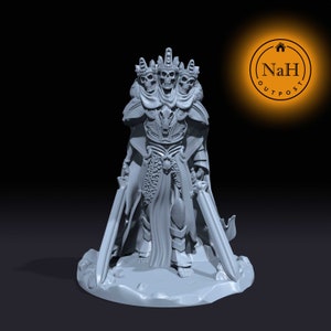 May include: A gray 3D printed miniature of a skeletal figure with three heads wearing a crown and armor, holding two swords. The figure is standing on a circular base.