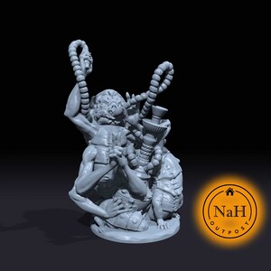 May include: A gray 3D printed figurine of a creature with multiple arms and legs, holding a hookah. The creature is sitting on a base with a textured surface.