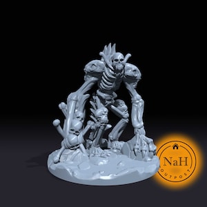 May include: A grey skeletal figure with a skull head stands on a rocky base. The figure is surrounded by a cluster of skulls and bones. The figure is a miniature figurine.