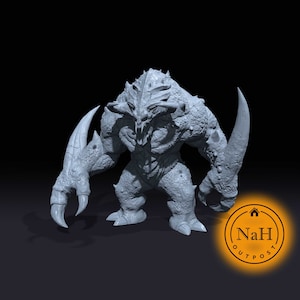 May include: A gray, detailed, 3D printed miniature of a monstrous creature with sharp claws and horns. The creature has a textured, rocky surface and a menacing expression.