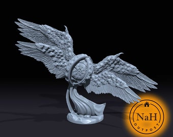 May include: A gray 3D printed miniature of a winged eye with a detailed, textured surface. The eye is surrounded by a ring of smaller eyes and the wings are spread wide.