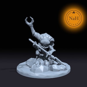 May include: A gray 3D printed miniature of a creature with a spear, standing on a rocky base.