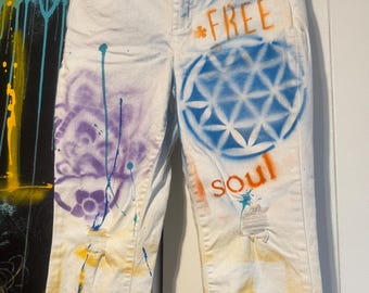 Hand Painted White Jeans – Flower of Life Sacred Geometry Art, Distressed Denim Size 28