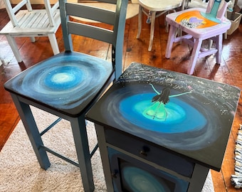 SOLD-Hand-Painted Celestial Nightstand and Chair Set – Galaxy Portal Art Furniture