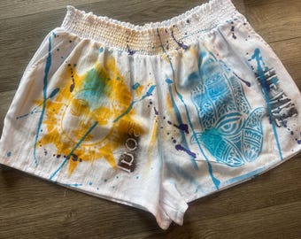 Hand-Painted Sun Hamsa Shorts – Boho Festival Wearable Art