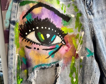 SOLD Hand-Painted 90s Wide Leg Jeans – Cosmic Eye Distressed Denim Art