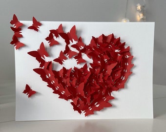 3D vlinderkaart rood, verjaardagskaart, Valentijnsdagkaart, felicitatiekaart, hartkaart, liefdeskaart, trouwkaart, Moederdagcadeau