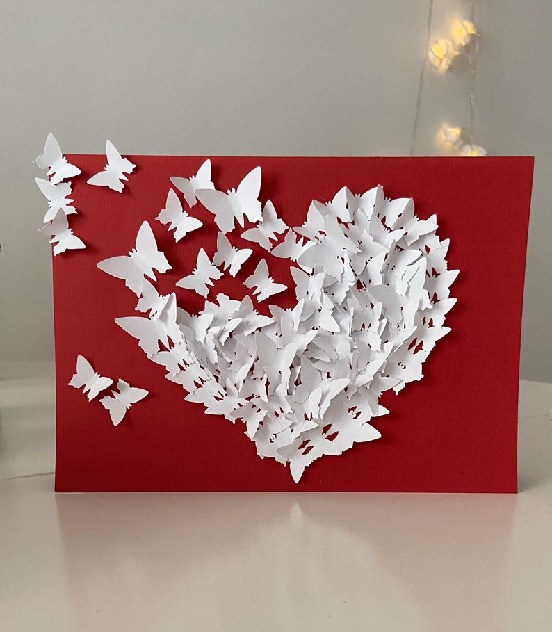 Carte papillon 3D rouge, carte anniversaire, cadeau fête des mères, carte félicitations, carte coeur, carte amour, carte mariage, carte Saint Valentin Rouge