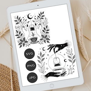 Könnte beinhalten: Schwarz-Weiß-Digitaldruck mit Händen, die einen Teebeutel, eine Teetasse und botanische Elemente halten. Enthält SVG-, PNG- und JPG-Dateiformatoptionen. Das Design hat ein himmlisches und mystisches Thema.