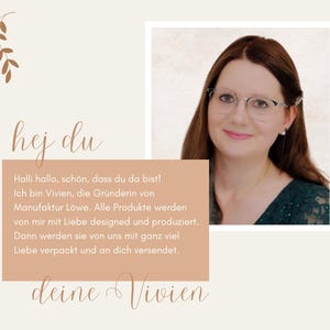 May include: A promotional image featuring a woman with glasses and text. The text includes "hej du" and a message from Vivien, the founder of Manufaktur L&ouml;we, discussing product design and packaging. The image has a neutral background with brown decorative elements.