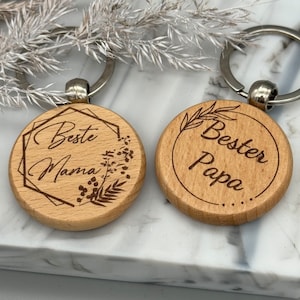 Porte-clés Meilleure Maman + Meilleur Papa avec gravure souhaitée, Bois de hêtre rond personnalisé, Idée cadeau Parents, Pendentif en bois gravé