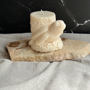 Kerze Schildkröte XL Ansicht schräg, Dekorative Meeresschildkröten Kerzen aus pflanzlichem Rapswachs mit Blütenkranz als maritime Wohnaccessoires und Geschenkidee.