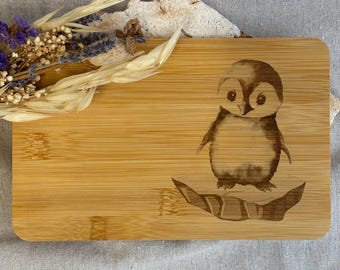 Personalized bamboo penguin board, penguin breakfast board, engraved bamboo cutting board, personalized snack board