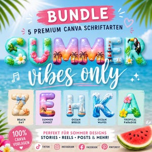 3D Sommer Schriftarten Bundle, Summer Font Bundle, Bubble Letter Alphabet, Canva Alphabet Set, Sommer Buchstaben PNG