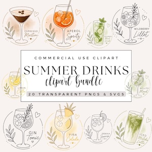 May include: A digital clipart bundle featuring watercolor illustrations of summer cocktails. The image includes various drinks like espresso martini, Aperol Spritz, and Piña Colada, with text labels. The text reads "Summer Drinks Clipart Bundle" and "20 Transparent PNGs & SVGs."