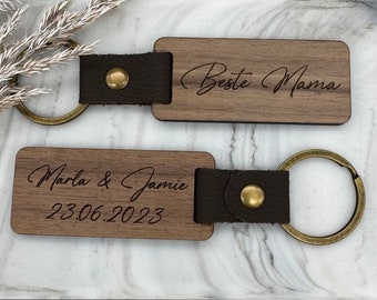 personalized keychain walnut wood, vintage faux leather strap - Valentine's Day / birthday gift for your loved ones