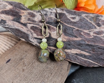 Pierres précieuses Unakite, Serpentine, Perle de rocaille, Boucles d'oreilles