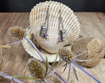 Boucles d'oreilles en nacre d'ormeau, améthyste et billes d'acier inoxydable